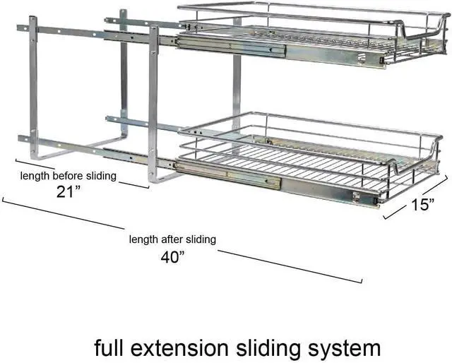 Alt view image 4 of 5 - Chrome Plated Steel Dual Tier Slide Out Storage Organizer 20.75 x 15 x 16.5 Inch Cabinet Pantry Under Sink Storage Rack