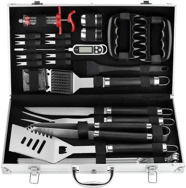 Main image of 26Pcs BBQ Grill Accessories Set with Aluminum Storage Case, Stainless Steel Grilling Utensils with Meat Claws Injector Thermometer for Camping Outdoor Barbecue