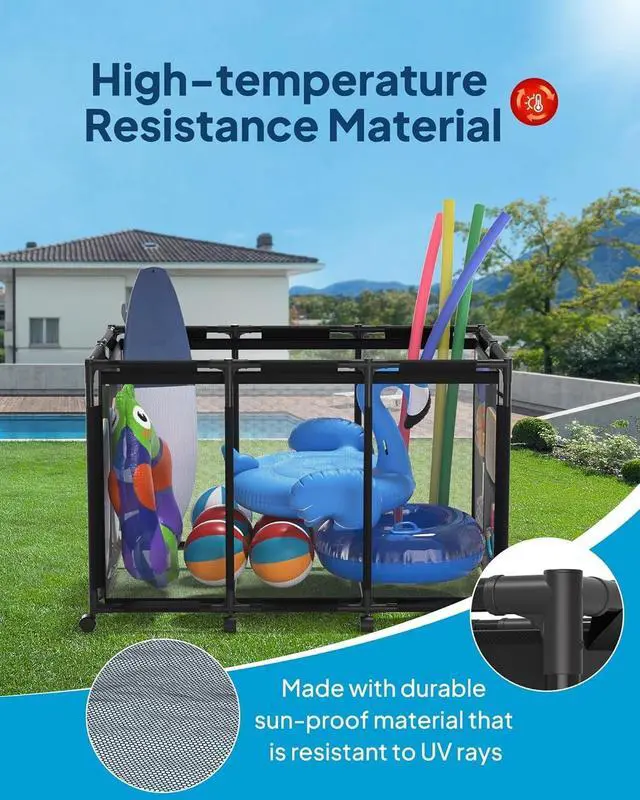 Alt view image 3 of 7 - XX-Large Nylon Mesh Pool Storage Bin, Rolling Cart with 10 Wheels, Outdoor Organizer for Pool Noodles, Floats, Balls & Goggles, Black