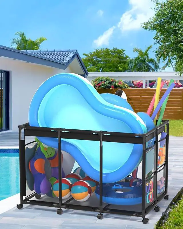 Alt view image 2 of 7 - XX-Large Nylon Mesh Pool Storage Bin, Rolling Cart with 10 Wheels, Outdoor Organizer for Pool Noodles, Floats, Balls & Goggles, Black