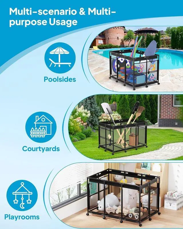 Alt view image 7 of 7 - XX-Large Nylon Mesh Pool Storage Bin, Rolling Cart with 10 Wheels, Outdoor Organizer for Pool Noodles, Floats, Balls & Goggles, Black