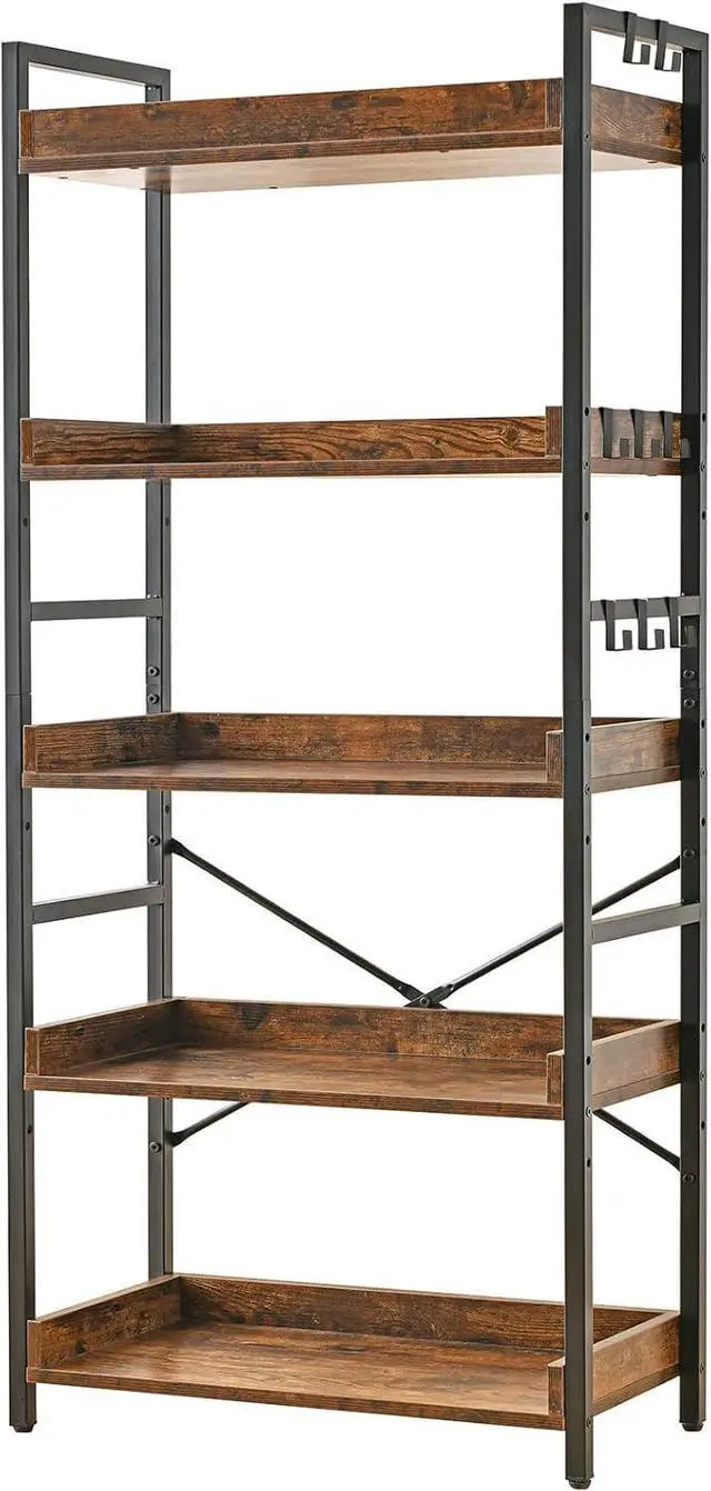 Main image of 5 Tier Adjustable Open Bookcase Rustic Farmhouse Style MDF and Black Metal Frame Freestanding Display Shelving Unit Multipurpose Storage Bookshelf for Living Room Bedroom Home Office