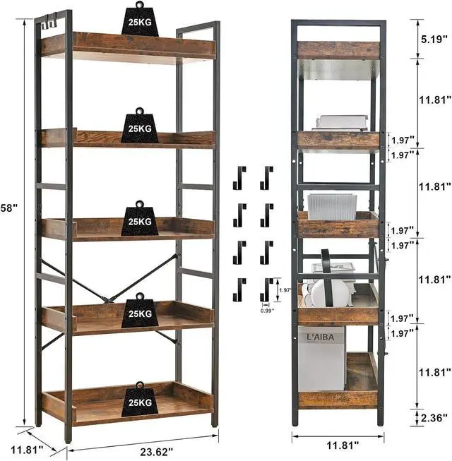 Alt view image 3 of 7 - 5 Tier Adjustable Open Bookcase Rustic Farmhouse Style MDF and Black Metal Frame Freestanding Display Shelving Unit Multipurpose Storage Bookshelf for Living Room Bedroom Home Office