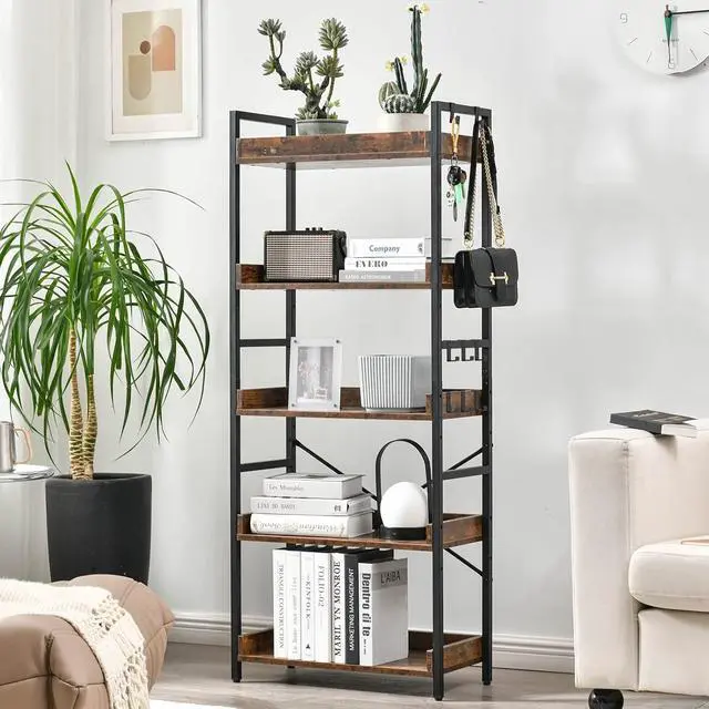 Alt view image 2 of 7 - 5 Tier Adjustable Open Bookcase Rustic Farmhouse Style MDF and Black Metal Frame Freestanding Display Shelving Unit Multipurpose Storage Bookshelf for Living Room Bedroom Home Office