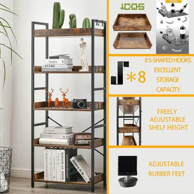 Alt view image 5 of 7 - 5 Tier Adjustable Open Bookcase Rustic Farmhouse Style MDF and Black Metal Frame Freestanding Display Shelving Unit Multipurpose Storage Bookshelf for Living Room Bedroom Home Office