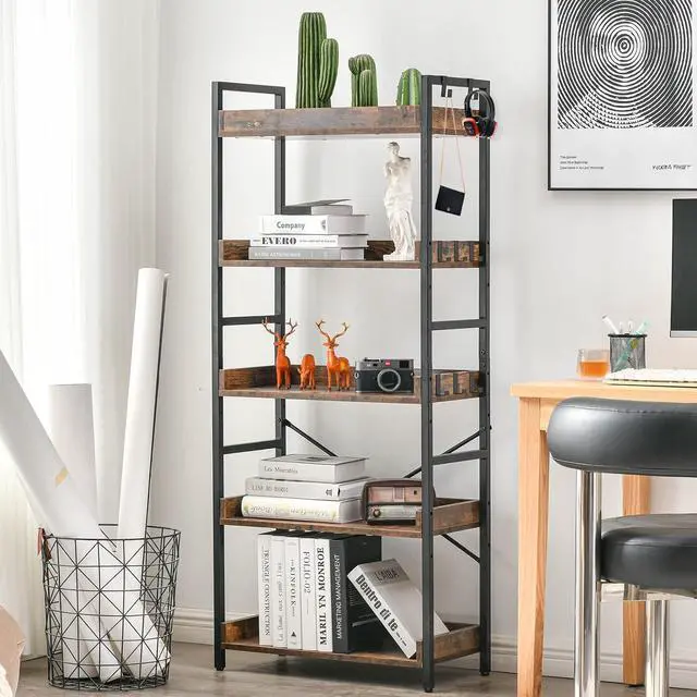 Alt view image 6 of 7 - 5 Tier Adjustable Open Bookcase Rustic Farmhouse Style MDF and Black Metal Frame Freestanding Display Shelving Unit Multipurpose Storage Bookshelf for Living Room Bedroom Home Office