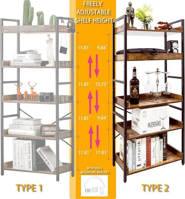 Alt view image 4 of 7 - 5 Tier Adjustable Open Bookcase Rustic Farmhouse Style MDF and Black Metal Frame Freestanding Display Shelving Unit Multipurpose Storage Bookshelf for Living Room Bedroom Home Office