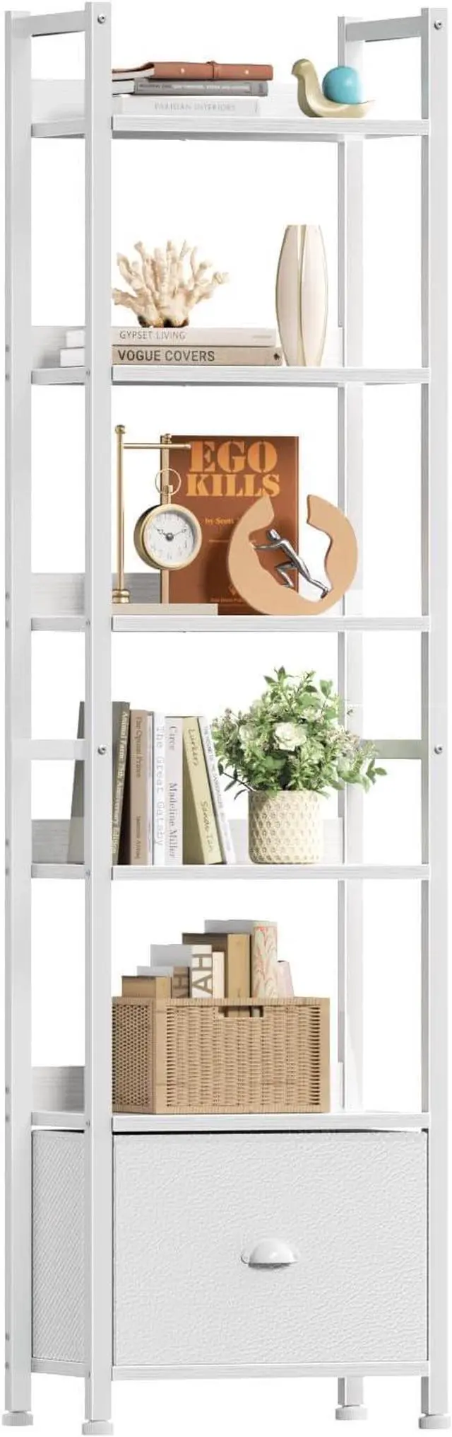 Main image of 6 Tier Tall Storage Bookshelf White Particleboard Metal Frame Display Unit with Removable Fabric Drawer for Bedroom Living Room Home Office