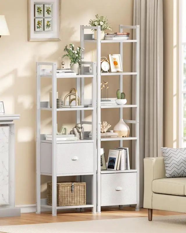 Alt view image 2 of 7 - 6 Tier Tall Storage Bookshelf White Particleboard Metal Frame Display Unit with Removable Fabric Drawer for Bedroom Living Room Home Office