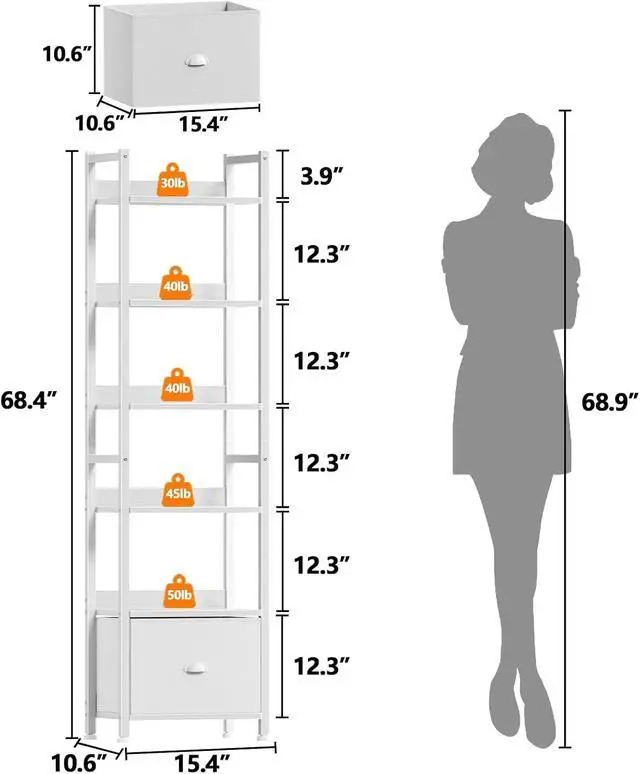 Alt view image 3 of 7 - 6 Tier Tall Storage Bookshelf White Particleboard Metal Frame Display Unit with Removable Fabric Drawer for Bedroom Living Room Home Office