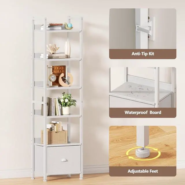 Alt view image 5 of 7 - 6 Tier Tall Storage Bookshelf White Particleboard Metal Frame Display Unit with Removable Fabric Drawer for Bedroom Living Room Home Office