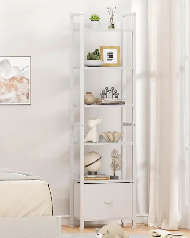 Alt view image 7 of 7 - 6 Tier Tall Storage Bookshelf White Particleboard Metal Frame Display Unit with Removable Fabric Drawer for Bedroom Living Room Home Office