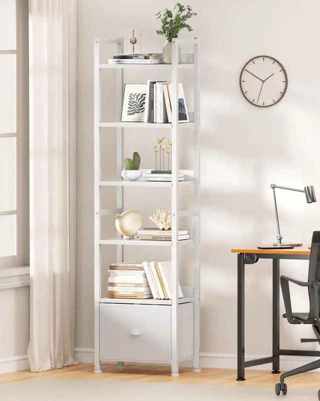 Alt view image 6 of 7 - 6 Tier Tall Storage Bookshelf White Particleboard Metal Frame Display Unit with Removable Fabric Drawer for Bedroom Living Room Home Office