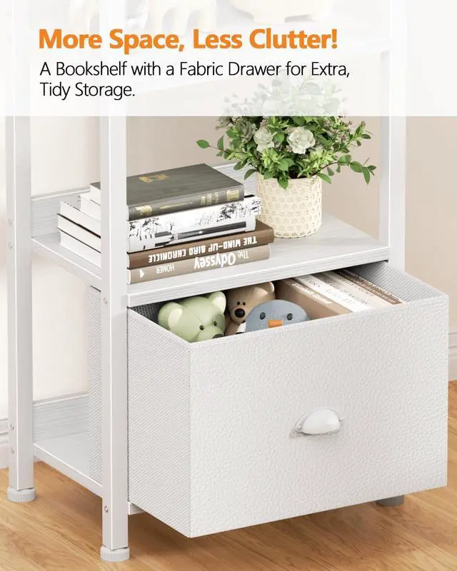 Alt view image 4 of 7 - 6 Tier Tall Storage Bookshelf White Particleboard Metal Frame Display Unit with Removable Fabric Drawer for Bedroom Living Room Home Office