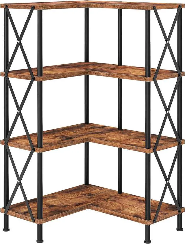 Main image of 4 Tier L-Shaped Corner Bookshelf Rustic Brown Particleboard Matte Black Metal Frame Freestanding Open Display Storage Rack 23.6 x 23.6 x 45.5 Inch for Living Room Home Office