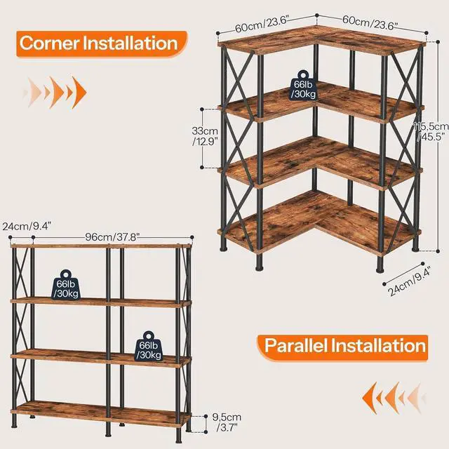Alt view image 2 of 7 - 4 Tier L-Shaped Corner Bookshelf Rustic Brown Particleboard Matte Black Metal Frame Freestanding Open Display Storage Rack 23.6 x 23.6 x 45.5 Inch for Living Room Home Office