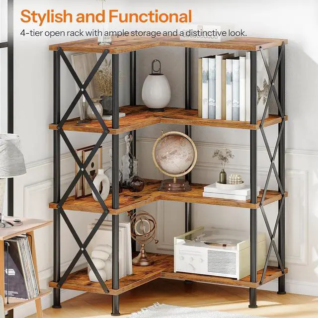 Alt view image 3 of 7 - 4 Tier L-Shaped Corner Bookshelf Rustic Brown Particleboard Matte Black Metal Frame Freestanding Open Display Storage Rack 23.6 x 23.6 x 45.5 Inch for Living Room Home Office