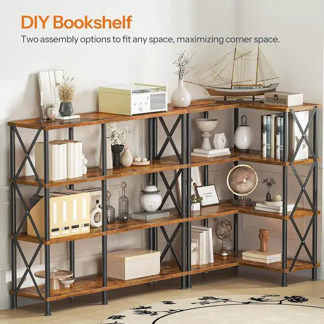 Alt view image 4 of 7 - 4 Tier L-Shaped Corner Bookshelf Rustic Brown Particleboard Matte Black Metal Frame Freestanding Open Display Storage Rack 23.6 x 23.6 x 45.5 Inch for Living Room Home Office