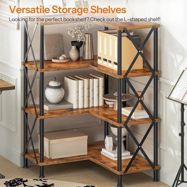Alt view image 5 of 7 - 4 Tier L-Shaped Corner Bookshelf Rustic Brown Particleboard Matte Black Metal Frame Freestanding Open Display Storage Rack 23.6 x 23.6 x 45.5 Inch for Living Room Home Office