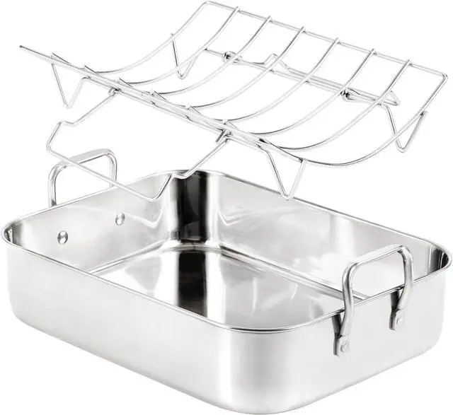 Main image of 16.5 Inch Stainless Steel Roasting Pan with V-Shape Rack, Heavy Duty Large Turkey Roaster Pan, Dishwasher Safe, Holds Up to 22LB for Turkey, Chicken, Ham with Baster
