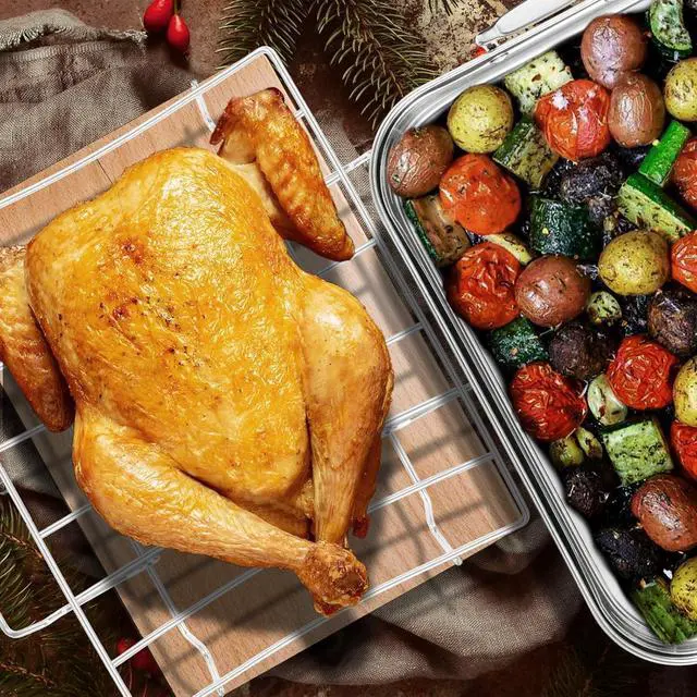 Alt view image 4 of 7 - 16.5 Inch Stainless Steel Roasting Pan with V-Shape Rack, Heavy Duty Large Turkey Roaster Pan, Dishwasher Safe, Holds Up to 22LB for Turkey, Chicken, Ham with Baster