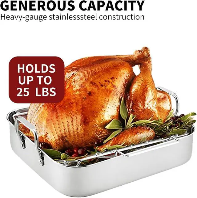 Alt view image 7 of 7 - 16.5 Inch Stainless Steel Roasting Pan with V-Shape Rack, Heavy Duty Large Turkey Roaster Pan, Dishwasher Safe, Holds Up to 22LB for Turkey, Chicken, Ham with Baster