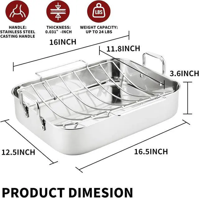 Alt view image 2 of 7 - 16.5 Inch Stainless Steel Roasting Pan with V-Shape Rack, Heavy Duty Large Turkey Roaster Pan, Dishwasher Safe, Holds Up to 22LB for Turkey, Chicken, Ham with Baster