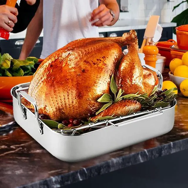 Alt view image 3 of 7 - 16.5 Inch Stainless Steel Roasting Pan with V-Shape Rack, Heavy Duty Large Turkey Roaster Pan, Dishwasher Safe, Holds Up to 22LB for Turkey, Chicken, Ham with Baster