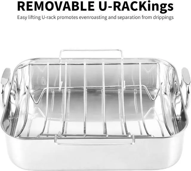 Alt view image 6 of 7 - 16.5 Inch Stainless Steel Roasting Pan with V-Shape Rack, Heavy Duty Large Turkey Roaster Pan, Dishwasher Safe, Holds Up to 22LB for Turkey, Chicken, Ham with Baster