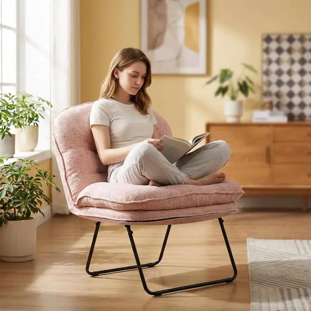 Alt view image 2 of 7 - Foldable Padded Saucer Chair with Back Support, Comfy Floor Chair for Bedroom, Dorm & Gaming, Space-Saving, Hot Pink