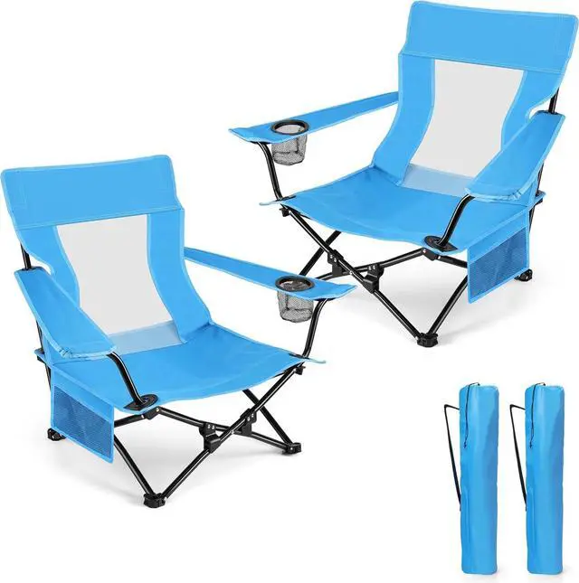 Main image of 2 Pack Low Profile Folding Beach Chairs, Portable Outdoor Camping Chairs with Cup Holder and Storage Bag, Blue Foldable Chairs for Fishing Picnic BBQ Sports Travel