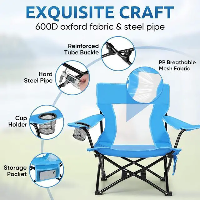 Alt view image 3 of 7 - 2 Pack Low Profile Folding Beach Chairs, Portable Outdoor Camping Chairs with Cup Holder and Storage Bag, Blue Foldable Chairs for Fishing Picnic BBQ Sports Travel