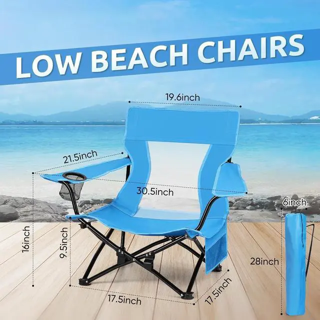 Alt view image 2 of 7 - 2 Pack Low Profile Folding Beach Chairs, Portable Outdoor Camping Chairs with Cup Holder and Storage Bag, Blue Foldable Chairs for Fishing Picnic BBQ Sports Travel