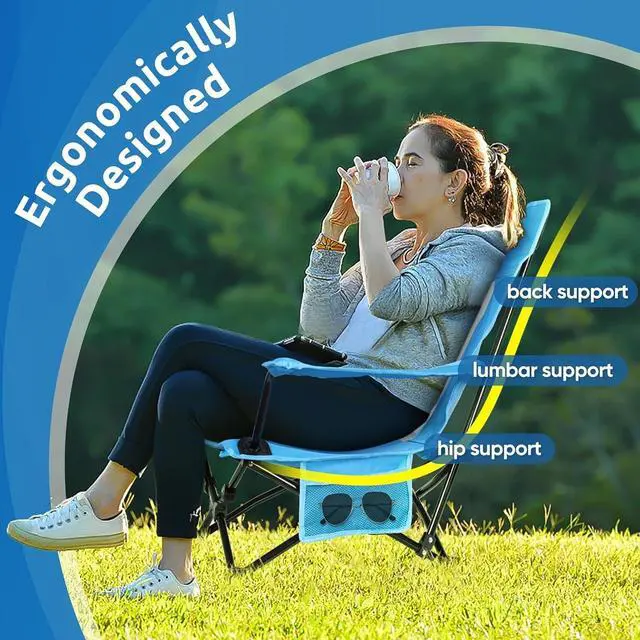 Alt view image 4 of 7 - 2 Pack Low Profile Folding Beach Chairs, Portable Outdoor Camping Chairs with Cup Holder and Storage Bag, Blue Foldable Chairs for Fishing Picnic BBQ Sports Travel