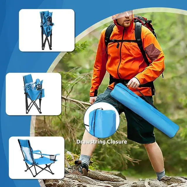 Alt view image 6 of 7 - 2 Pack Low Profile Folding Beach Chairs, Portable Outdoor Camping Chairs with Cup Holder and Storage Bag, Blue Foldable Chairs for Fishing Picnic BBQ Sports Travel