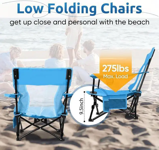Alt view image 7 of 7 - 2 Pack Low Profile Folding Beach Chairs, Portable Outdoor Camping Chairs with Cup Holder and Storage Bag, Blue Foldable Chairs for Fishing Picnic BBQ Sports Travel