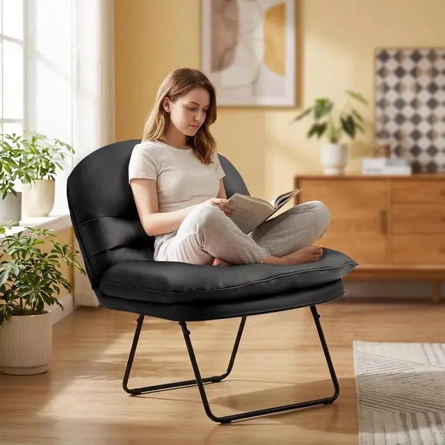 Alt view image 2 of 7 - Foldable PU Leather Saucer Chair, Adjustable Backrest Floor Chair with Back Support, 300lbs Capacity for Bedroom, Dorm, Gaming & Small Spaces, Black