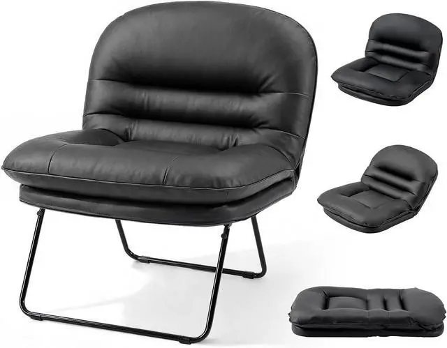 Main image of Foldable PU Leather Saucer Chair, Adjustable Backrest Floor Chair with Back Support, 300lbs Capacity for Bedroom, Dorm, Gaming & Small Spaces, Black