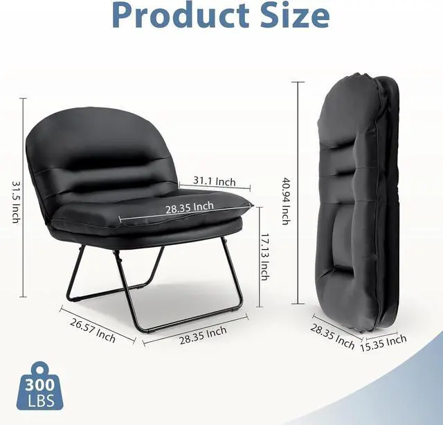 Alt view image 3 of 7 - Foldable PU Leather Saucer Chair, Adjustable Backrest Floor Chair with Back Support, 300lbs Capacity for Bedroom, Dorm, Gaming & Small Spaces, Black