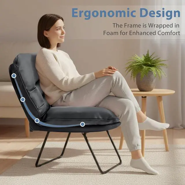 Alt view image 4 of 7 - Foldable PU Leather Saucer Chair, Adjustable Backrest Floor Chair with Back Support, 300lbs Capacity for Bedroom, Dorm, Gaming & Small Spaces, Black