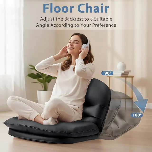 Alt view image 5 of 7 - Foldable PU Leather Saucer Chair, Adjustable Backrest Floor Chair with Back Support, 300lbs Capacity for Bedroom, Dorm, Gaming & Small Spaces, Black