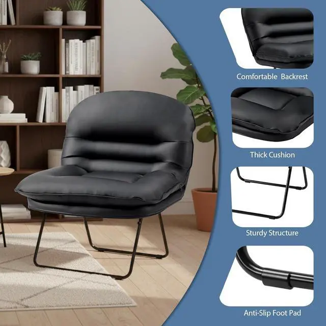 Alt view image 7 of 7 - Foldable PU Leather Saucer Chair, Adjustable Backrest Floor Chair with Back Support, 300lbs Capacity for Bedroom, Dorm, Gaming & Small Spaces, Black