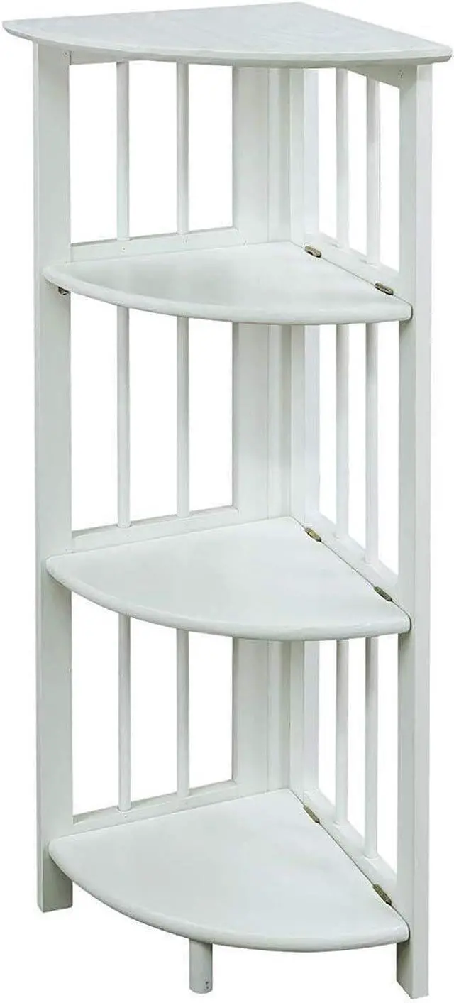 Main image of 4-Tier Folding Corner Bookcase, Solid Wood Storage Display Shelf, No Assembly Required for Living Room Bedroom Home Office, White