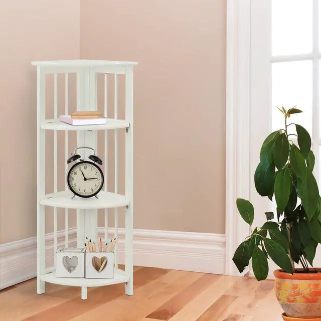 Alt view image 2 of 7 - 4-Tier Folding Corner Bookcase, Solid Wood Storage Display Shelf, No Assembly Required for Living Room Bedroom Home Office, White