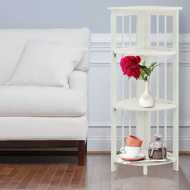Alt view image 7 of 7 - 4-Tier Folding Corner Bookcase, Solid Wood Storage Display Shelf, No Assembly Required for Living Room Bedroom Home Office, White