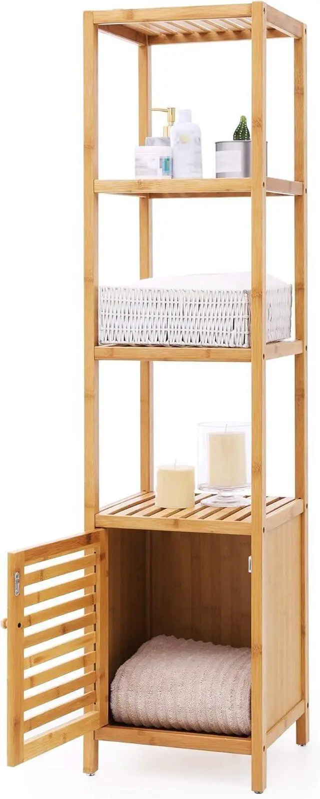 Main image of 4-Tier Bamboo Bathroom Storage Floor Cabinet, Multifunctional Free Standing Corner Shelving Unit, Slim Tower Rack with Slatted Door, Natural