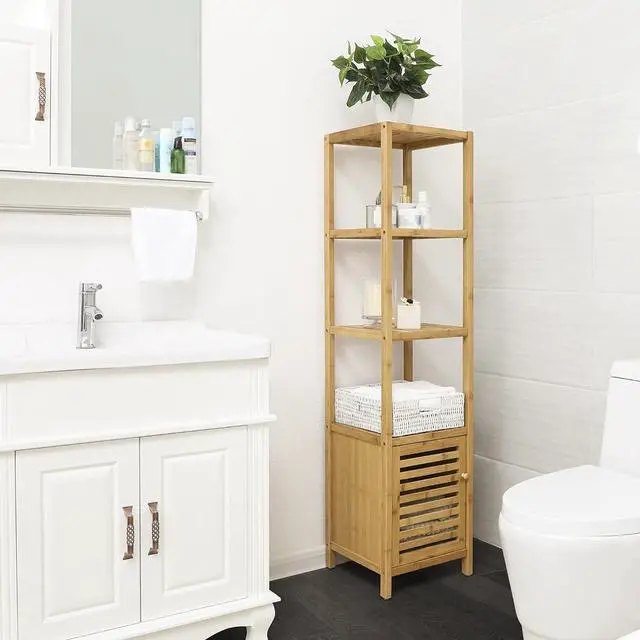Alt view image 2 of 7 - 4-Tier Bamboo Bathroom Storage Floor Cabinet, Multifunctional Free Standing Corner Shelving Unit, Slim Tower Rack with Slatted Door, Natural