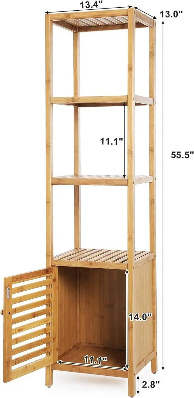 Alt view image 3 of 7 - 4-Tier Bamboo Bathroom Storage Floor Cabinet, Multifunctional Free Standing Corner Shelving Unit, Slim Tower Rack with Slatted Door, Natural