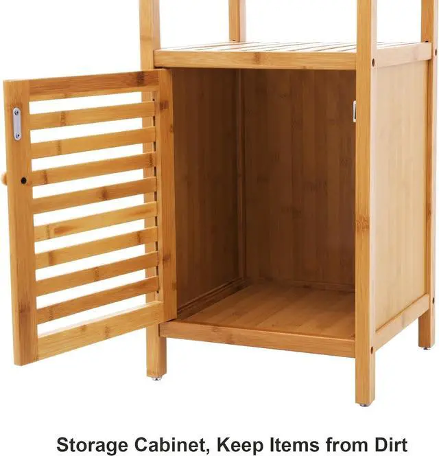 Alt view image 4 of 7 - 4-Tier Bamboo Bathroom Storage Floor Cabinet, Multifunctional Free Standing Corner Shelving Unit, Slim Tower Rack with Slatted Door, Natural