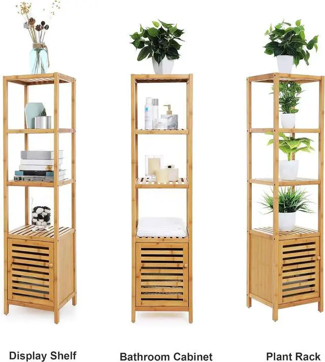 Alt view image 5 of 7 - 4-Tier Bamboo Bathroom Storage Floor Cabinet, Multifunctional Free Standing Corner Shelving Unit, Slim Tower Rack with Slatted Door, Natural